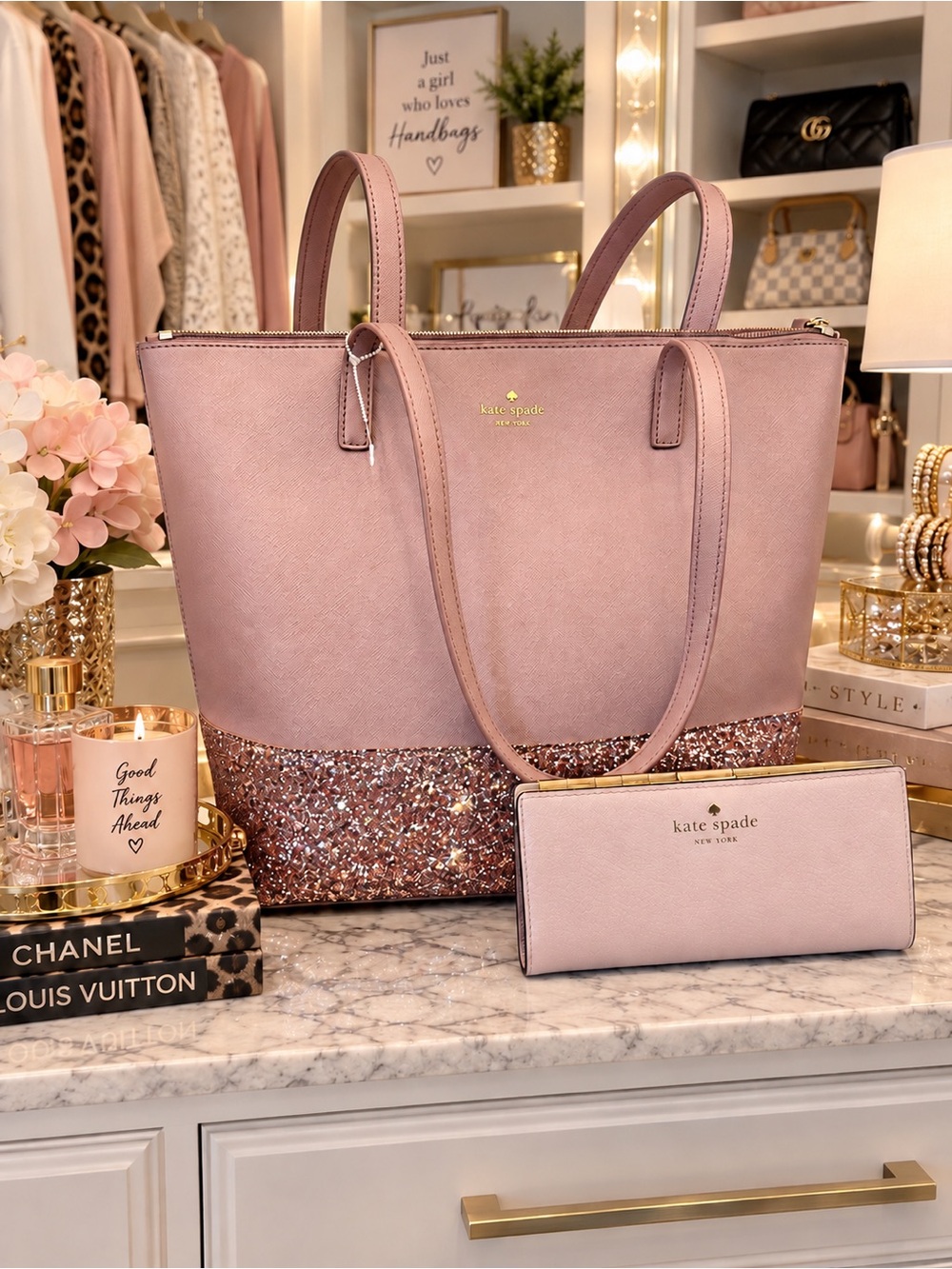 Kate Spade Greta Court Penny Blush Pink Glitter Tote with Wallet